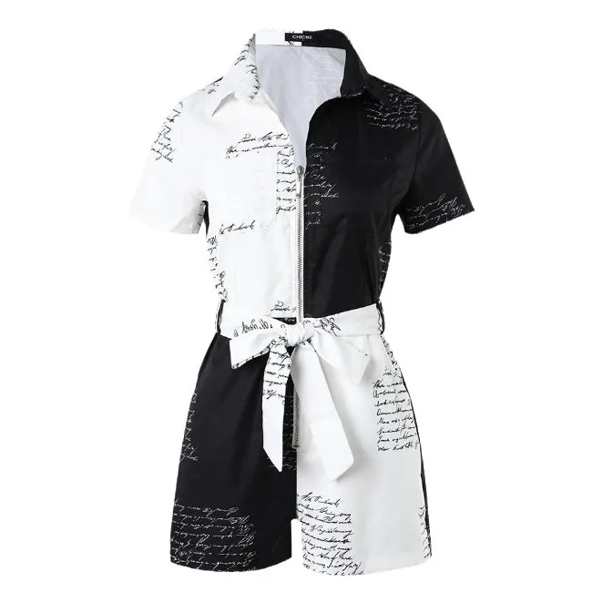 

Romper Women 2025 Summer Playsuit Fashion Letter Print Color Block Pocket Design Casual Short Sleeve Cargo Romper Jumpsuit