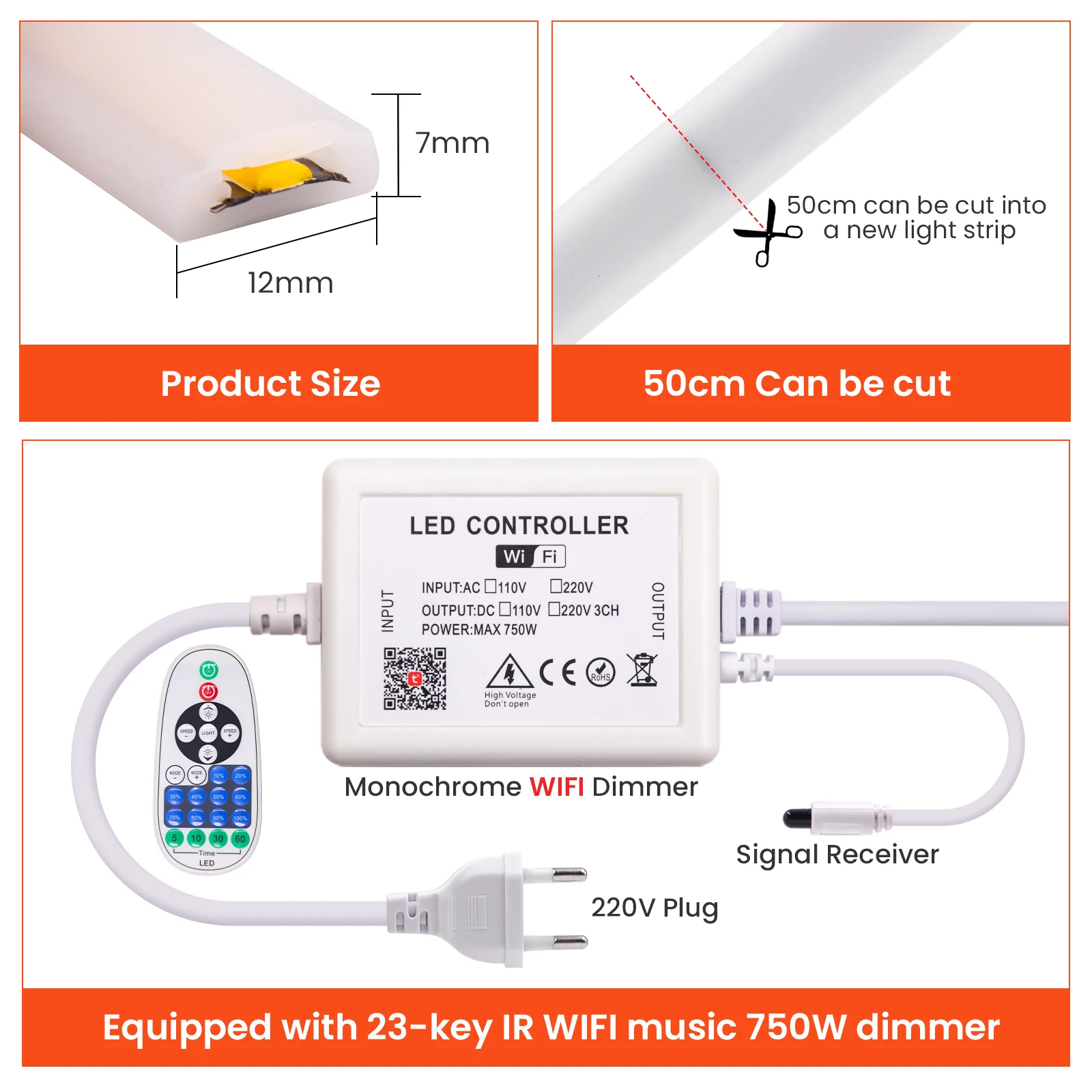 WIFI Bluetooth COB taśma neonowa 220V możliwość przyciemniania 288 diod/m elastyczna taśma wstążkowa IP67 wodoodporne zewnętrzne światła LED pilot