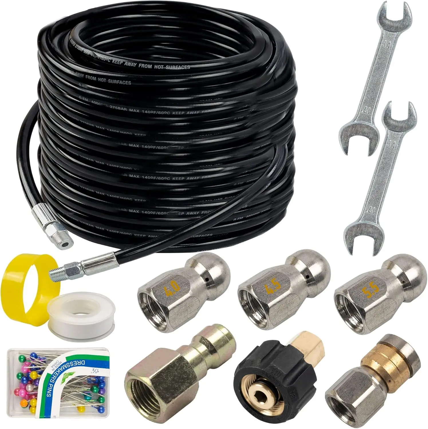 

Sewer Jetter Kit 100FT, 4000 PSI, 1/4' NPT, Rotating Nozzle, Drain Cleaner Hose