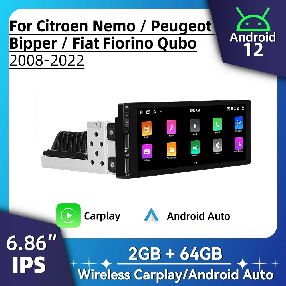 

Радио Android для Citroen Nemo Peugeot Bipper Fiat Fiorino Qubo 2008-2022, автомобильная мультимедийная стереосистема 1Din, головное устройство Carplay, авторадио