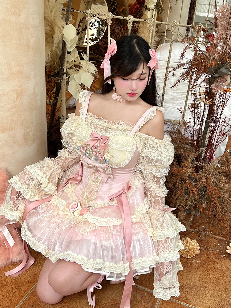 Japanese Style Lolita Dress for Women Bow Lace Stitching Slim-Fit Elegant Beautiful Pink Princess Dress Girly Autumn Dress Jsk