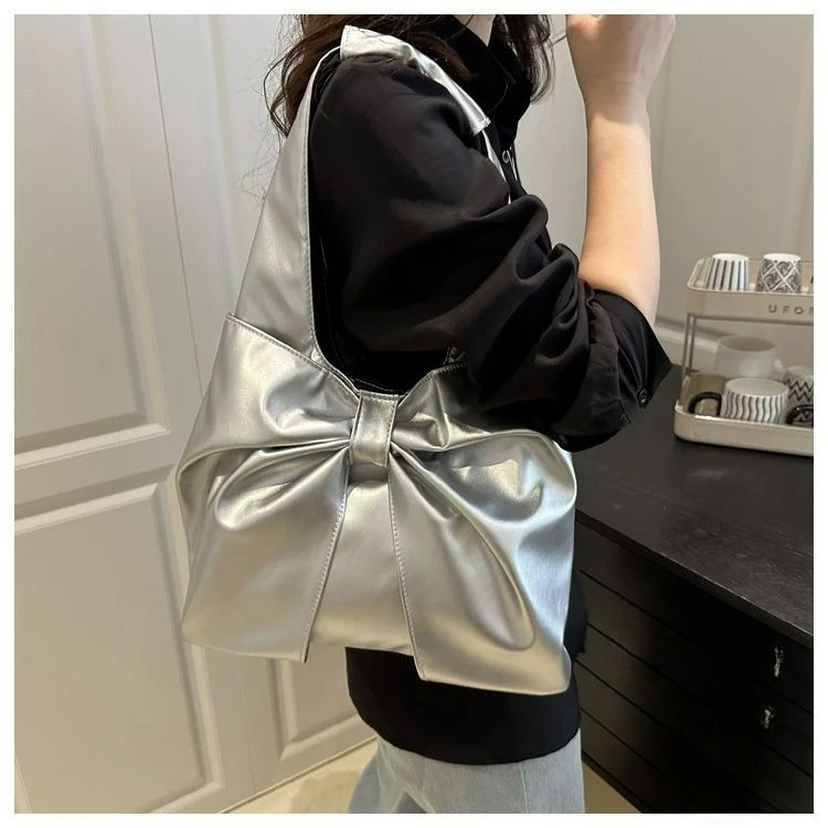 

Women 2025 New Style Fashion Versatile Shoulder Bag Korean Silver Bow Tote Bags