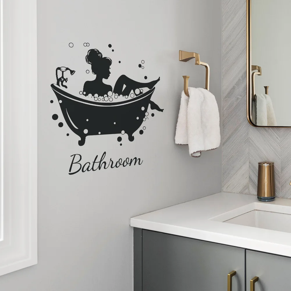 Bathroom Door Decal, Black Woman in Tub Silhouette with Cat Wall Sticker