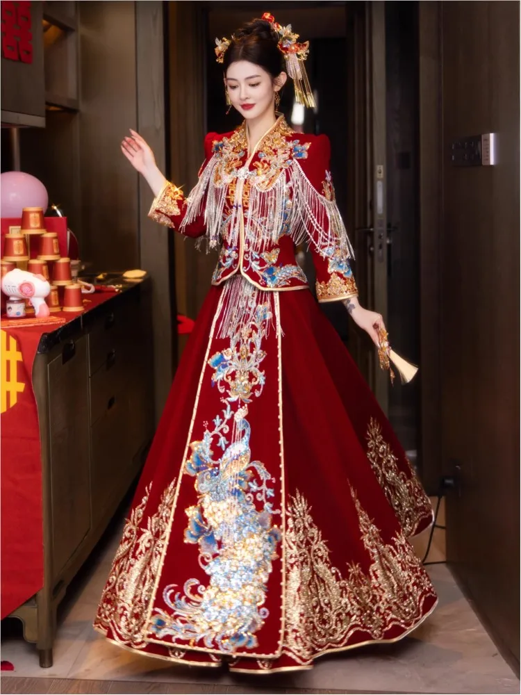 

New velvet Chinese-style wedding dress toasting and for the