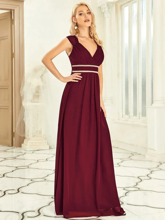 Immer hübsche Damen Chiffon V-Ausschnitt A-Linie Flügel ärmel rücken freie Perle Taille boden langes Brautjungfer kleid