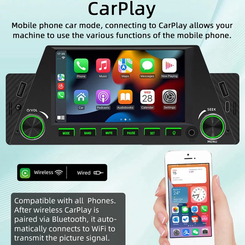 1 Din 4.7Inch Car Radio Wireless Carplay Android Auto Mirrorlink RGB BT USB Type-C Charging FM Stereo Reversing Camera