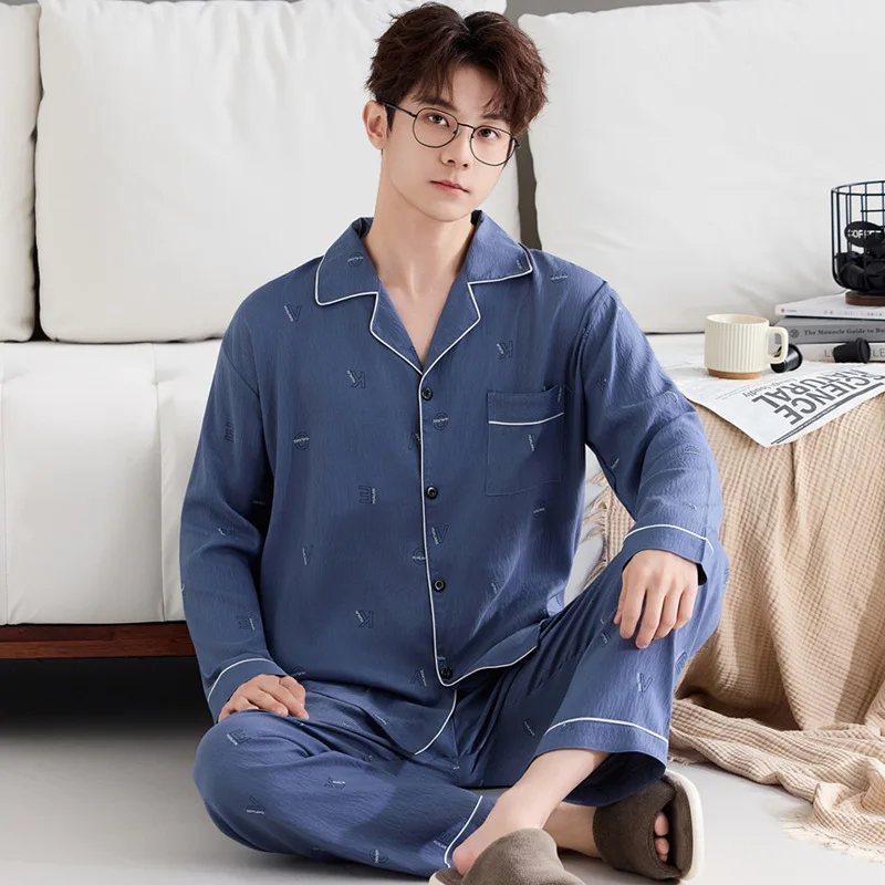 

Korean-Style Men's Pyjamas Spring/Autumn Season Cloud-Print Cotton Long-Sleeved Youth Casual Cardigan Oversized Homewear Set