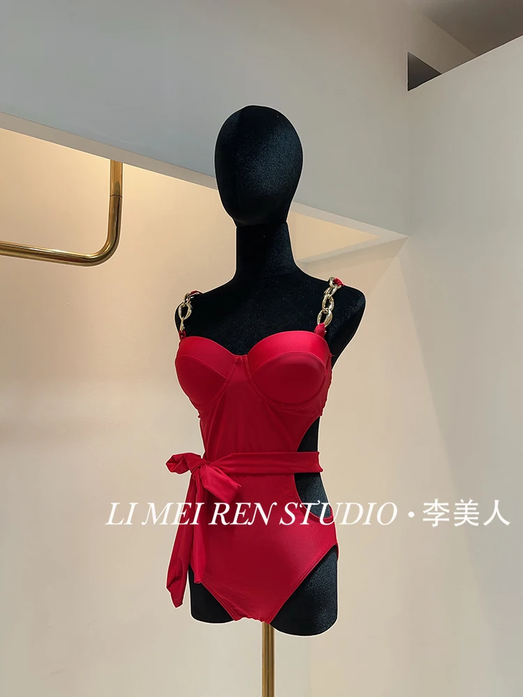 

New Red Sexy and Spicy Girl Style Waist Strap Steel Bracket Gathers in One Piece Swimsuit
