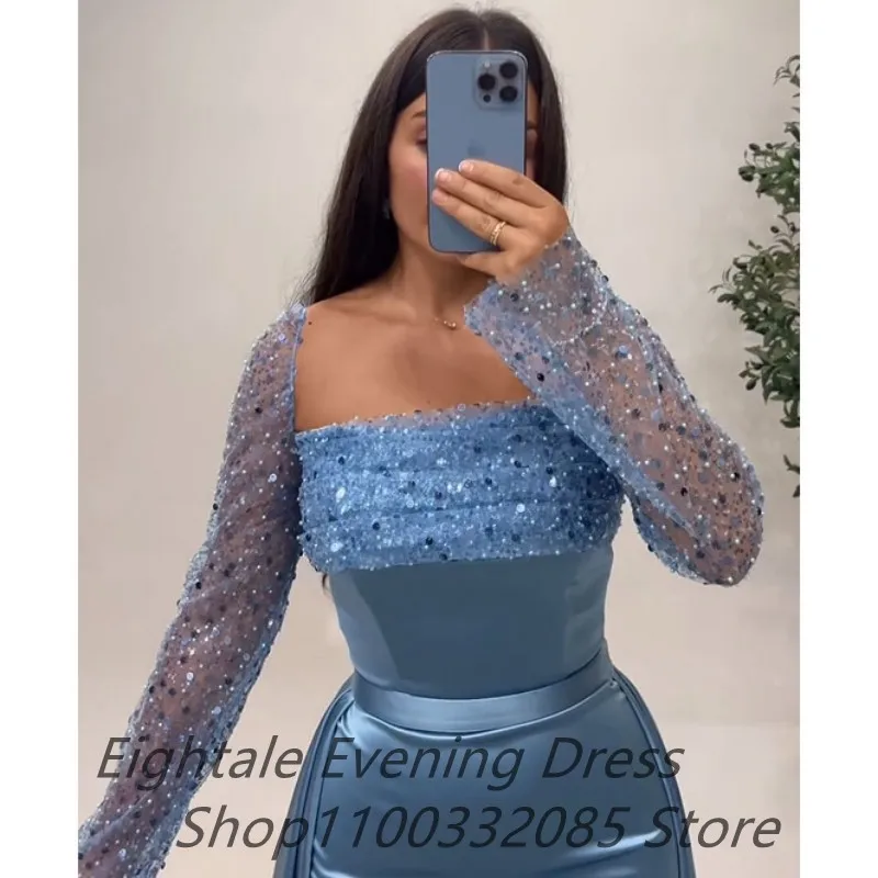 Eightale Maßgeschneidertes himmelblaues Meerjungfrau-Satin-Abendkleid mit Pailletten, langen Ärmeln, Abendkleid, Dubai, formelles Partykleid