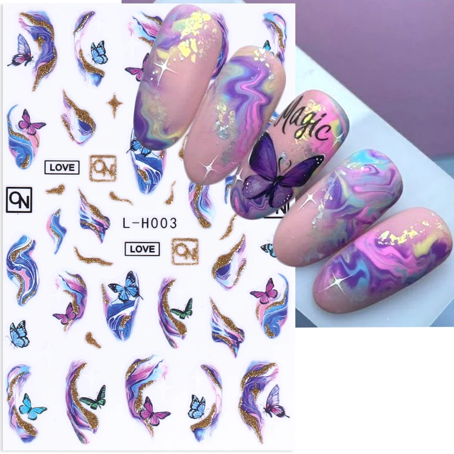 Glitter Marble Butterfly Nail Sticker Gradient Bloom Flower Rose Irregular Line Color Block Metallic Foil 3D Manicure Decoration