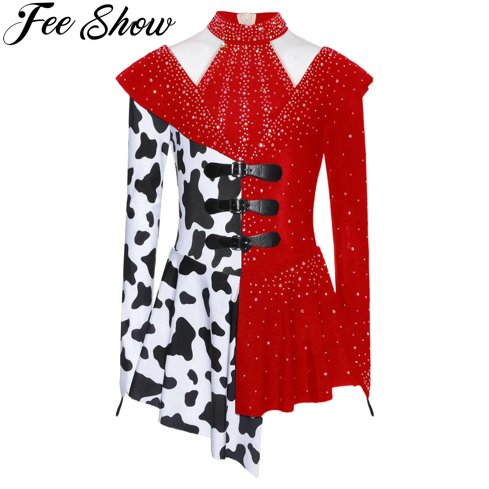 Girls Figure Skating Gymnastics Dance Performance Costume Long Sleeve Rhinestone Cow Print Dress for Halloween Carnival Party