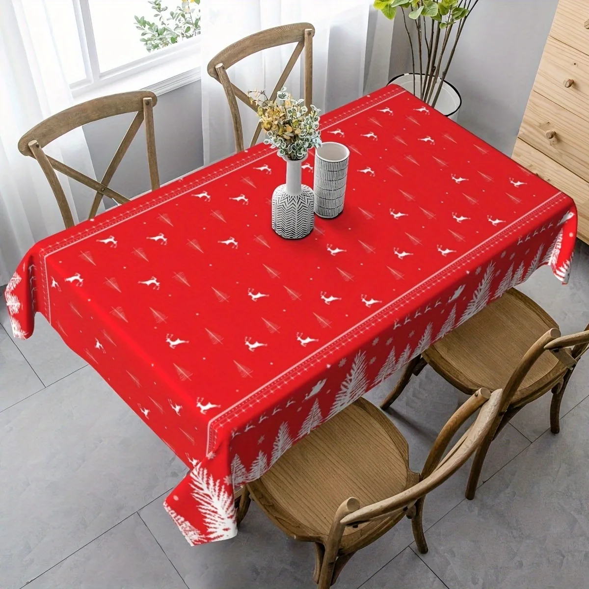 1pc, Christmas Rectangular Tablecloth, Red & White Christmas Tree Design, Waterproof Plastic Table Cover for Christmas Dining