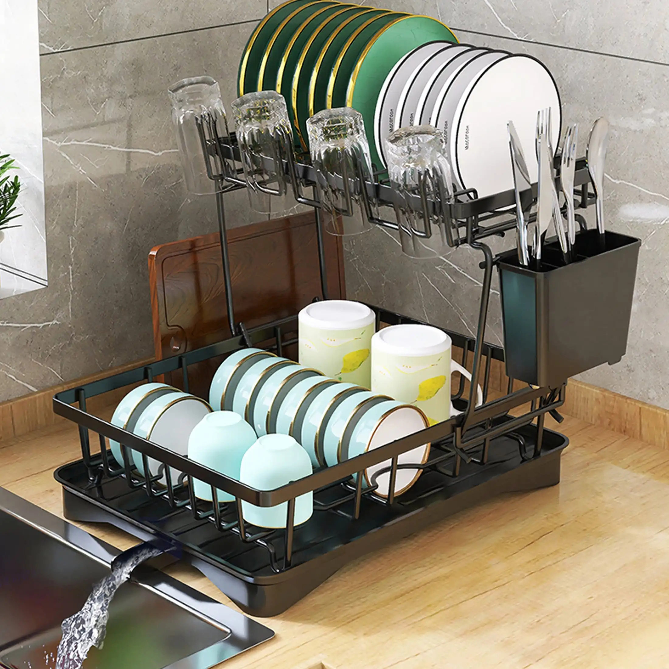 

1pc Space-Saving 2-Tier Dish Drying Rack With Drainboard And Cutlery Holder - Perfect For Kitchen Counter, Cabinet