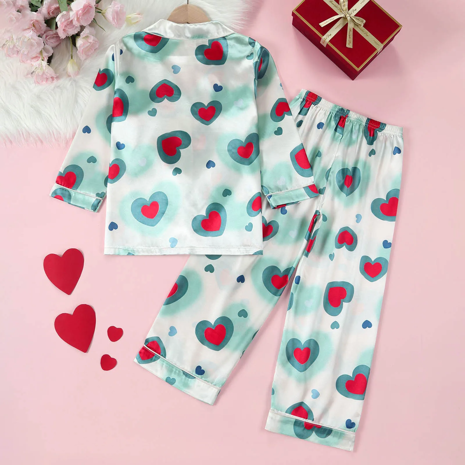 1-6Years Kids Baby Girl Cute Pajamas Valentine’s Day Sleepwear Heart Print Long Sleeve Tops and Pants 2Pieces Loungewear Outfits