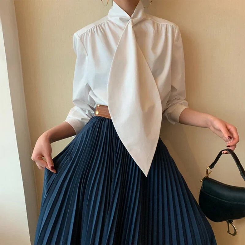 Freeacy Urban Women's Elegant Solid Color Blouse High Neck Long Sleeves Loose Fit Shirt Top Office Ladies Simple Work Shirts image 3