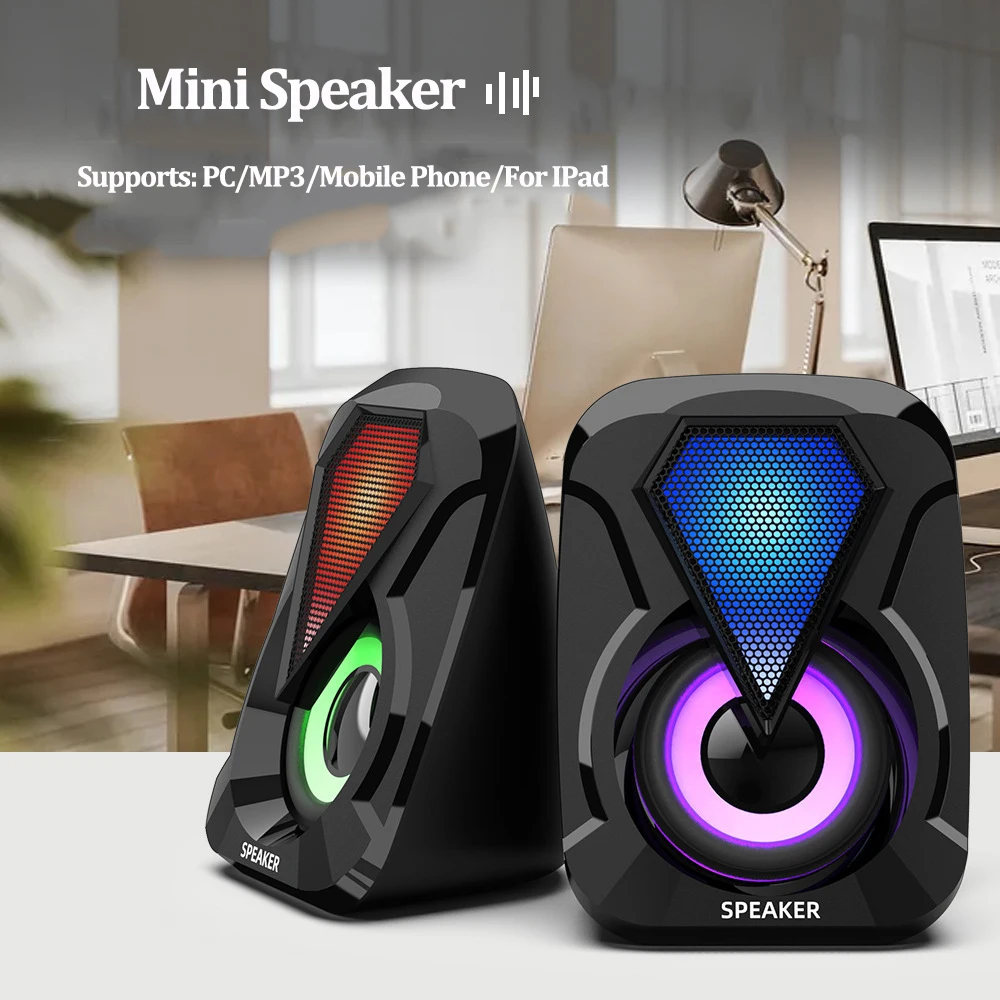 Computer Speakers For PC Desktop Smartphone Laptop with Subwoofer LED Colorful Lighting Home Theater System USB Wired SoundBox