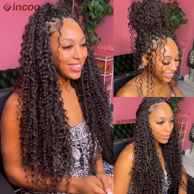 Faux Boho Synthetic Lace Front Wig Braided Wigs Square Knotless Box Braids Wigs For Black Women Goddess Locs Wig With Curly Ends