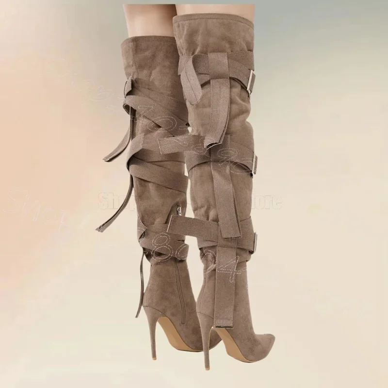

Rose Red Buckle Decor Suede Pointy Toe Boots Side Zipper Women Shoes Thin High Heels Party Feast Dating 2026 Zapatos Para Mujere