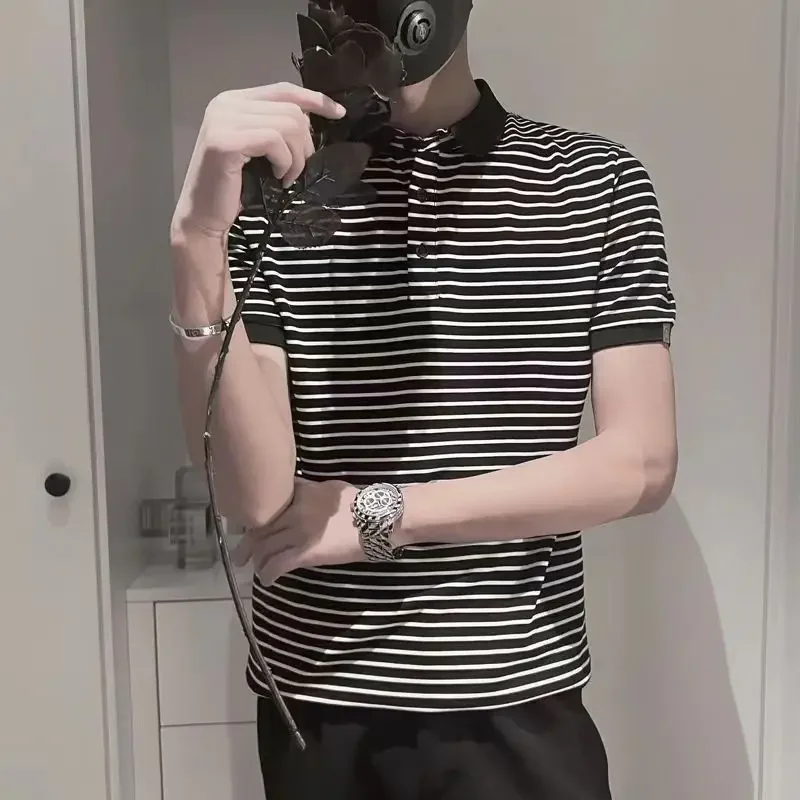 

Black Skinny O Neck Male Polo Shirts Striped Vintage Loose Stylish Top Polyester Fashion Casual Kpop Xl Mens with Collar T-shirt