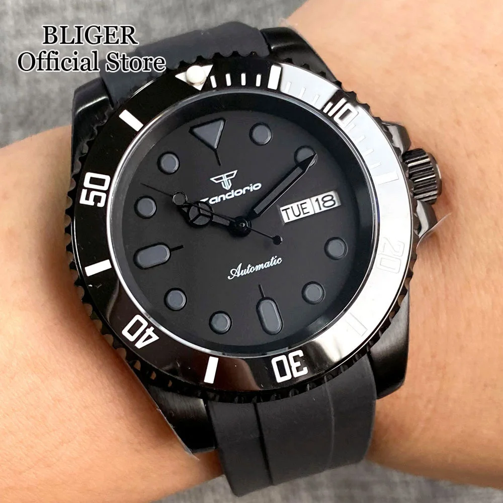 Tandorio 200 m wasserdichte NH36A schwarzes Zifferblatt automatische Herren-Schwimm-Taucheruhr Slide Glide Lock Stahlarmband PVD-Gehäuse Datum Woche Anzeige