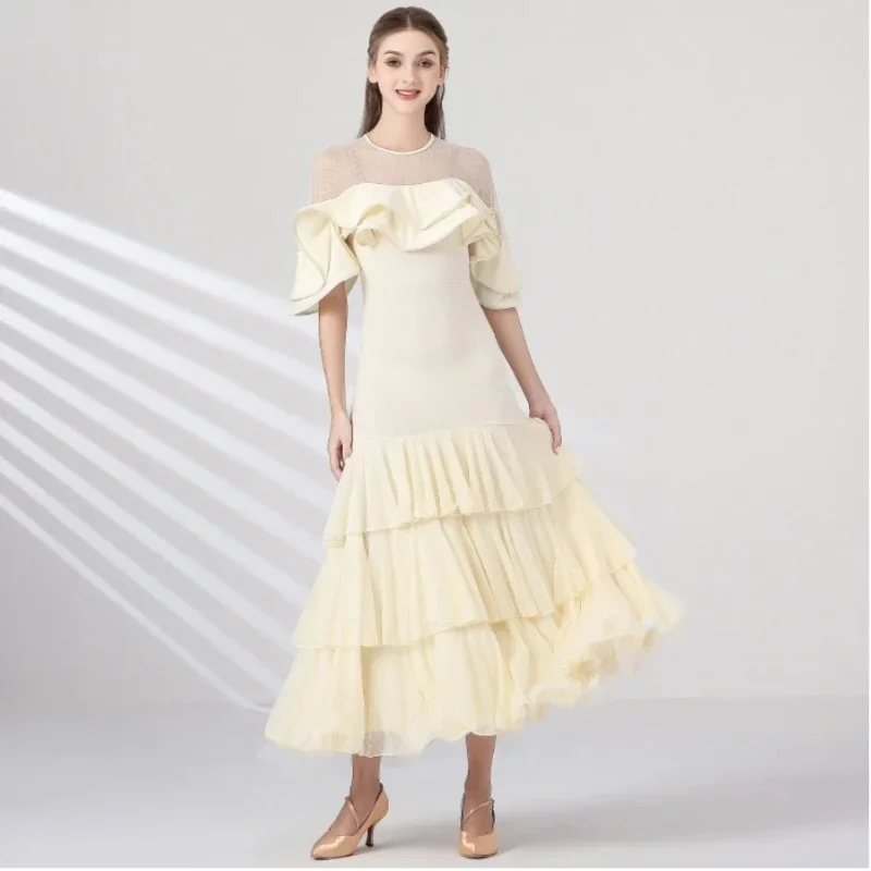 

Summer Mesh Patchwork Ballroom Dance Dress Short Sleeve Expansion Skirt for Waltz Tango Wear Foxtrot Competition Dress