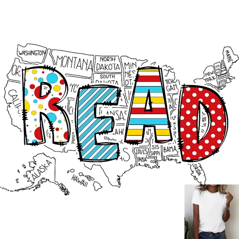 Fun Cartoon READ Letter & US Map Heat Transfer White Ink Iron - on Patch, Stylish & Versatile for T - shirts, Canvas Bags