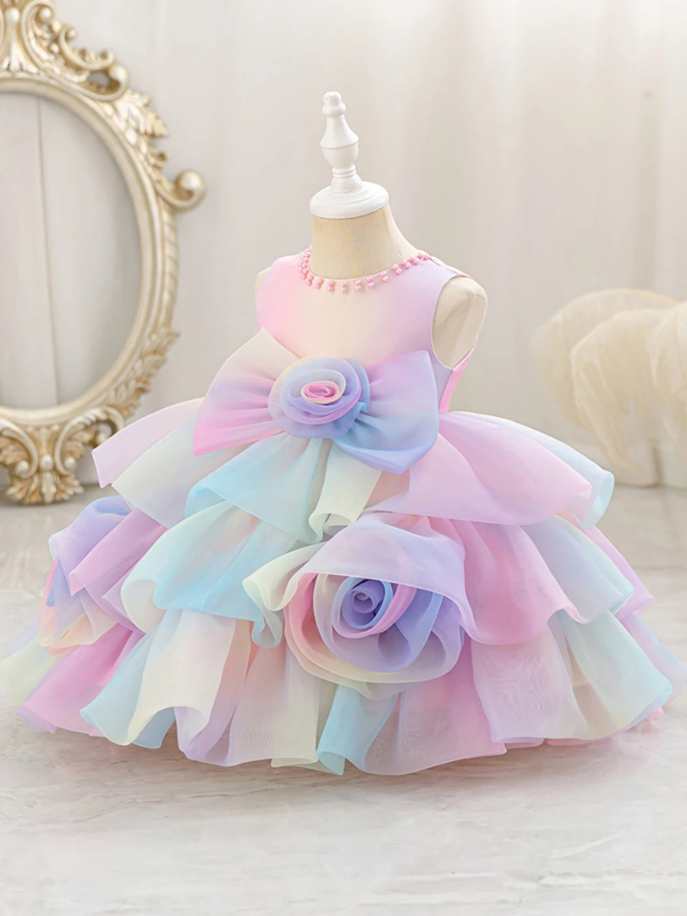 HETISO Baby Girl Rainbow Beading Dress For Christmas Halloween Birthday Party Kids Children's Wedding Princess Ball Gown