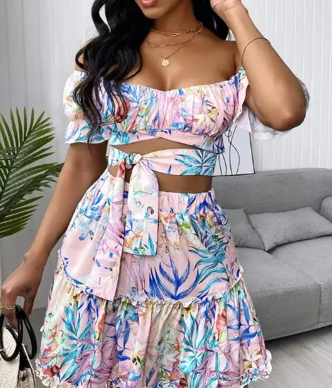 Women's Elegant suits 2024 Spring/Summer Latest Temperament V-shaped Collar Sleeveness Sweet Pink Flower Print Lace Up Set Skirt