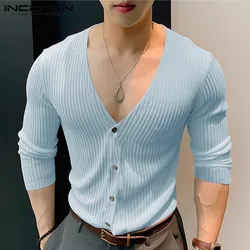 INCERUN Tops 2024 Handsome Men's Solid Knitted Striped Shirts Fashionable Male Simple All-match V-neck Long Sleeved Blouse S-5XL