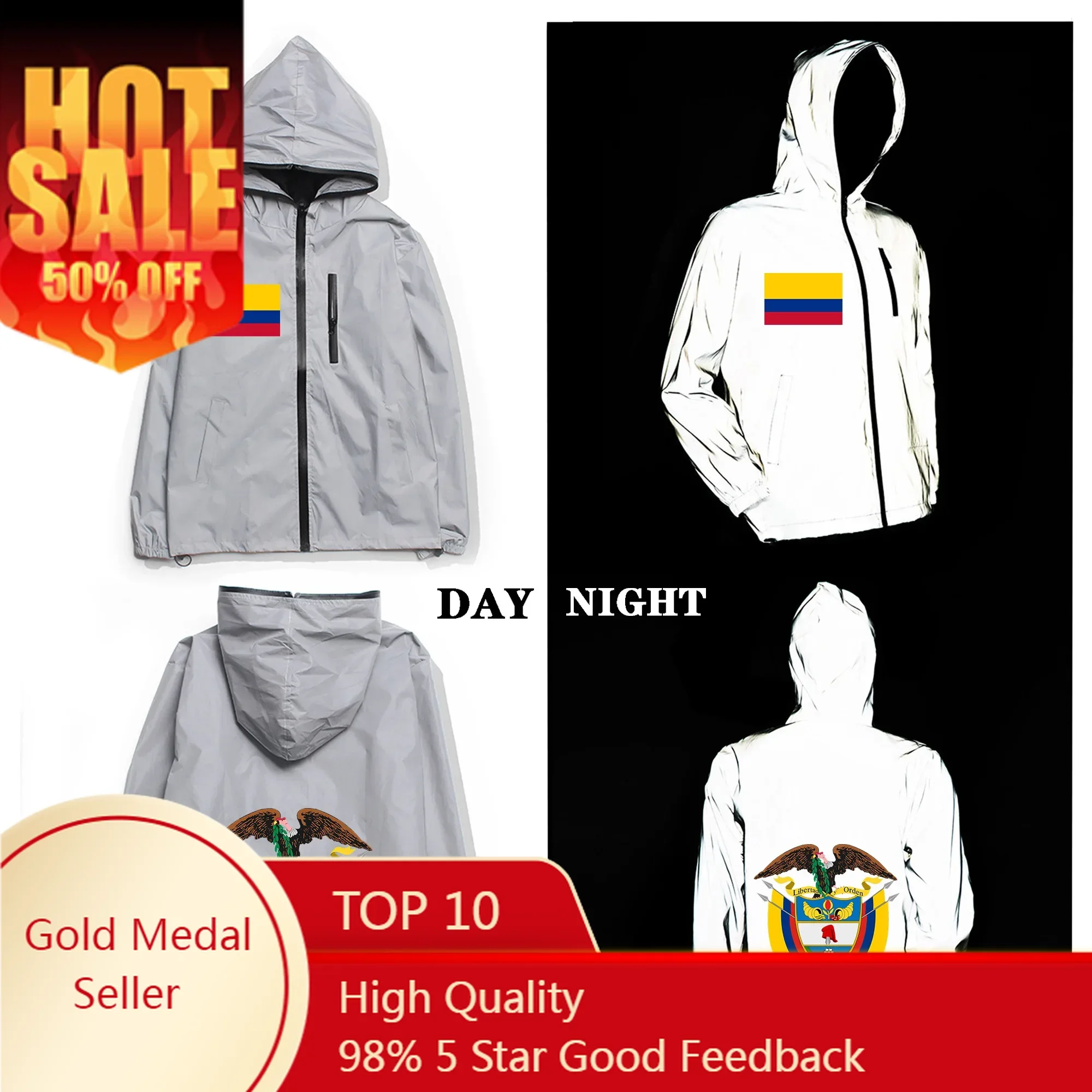 

Colombia Flag Reflective Jacket Mens Womens Coat Hooded Windbreaker Run Pocket Jackets Cycling Hiking Zipper Custom Hoodie