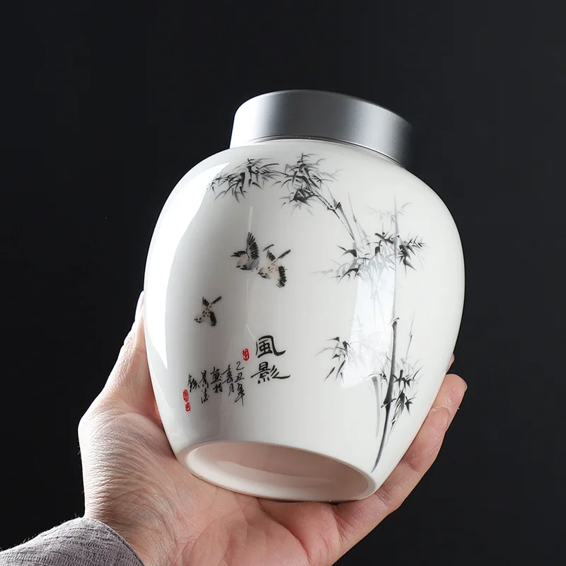 Creative Ink Painting Ceramic Jars Large-capacity Sealed Tea Tins Handicrafts Bookcases Ornaments Porcelain Storage Jars Decor