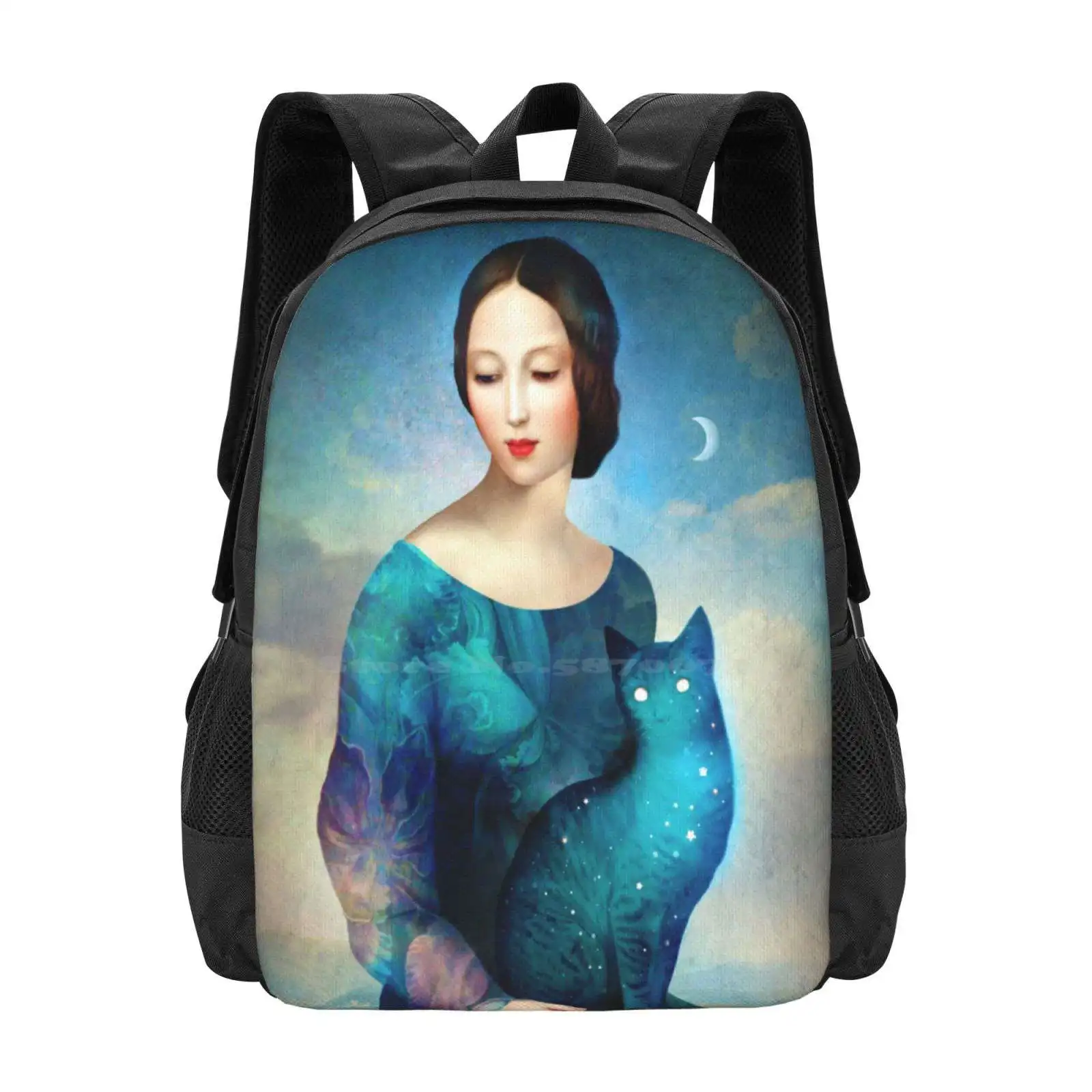 

Night Cat New Arrivals Unisex Bags Student Bag Backpack Collage Night Portrait Woman Lady Cat Stars Moon Fantasy Dream Surreal