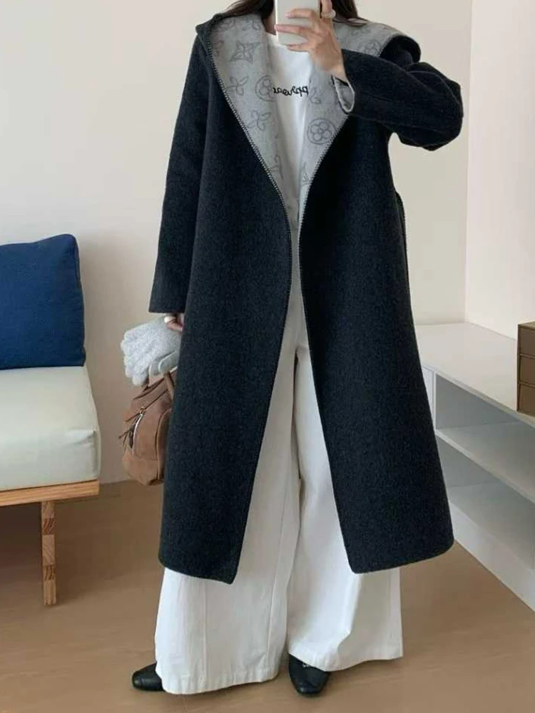 YERMORA Gray Belt Brief Casual Woolen Coat For Women Hooded Long Sleeve Loose Thick Overcoat Fashion Tide Autumn Winter 2026