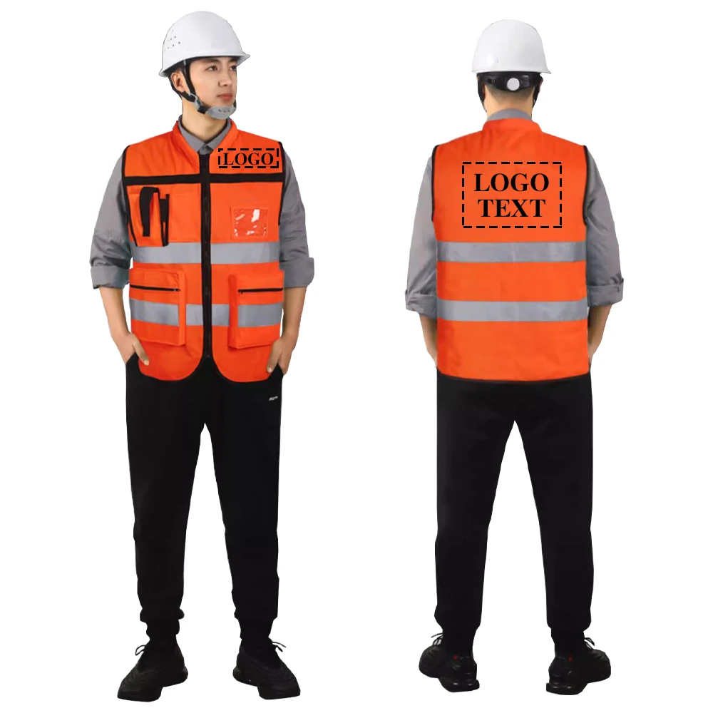 Custom LOGO Men's Work Vest Construction Work Clothing with Pockets and Zipper Hi Vis Workwear