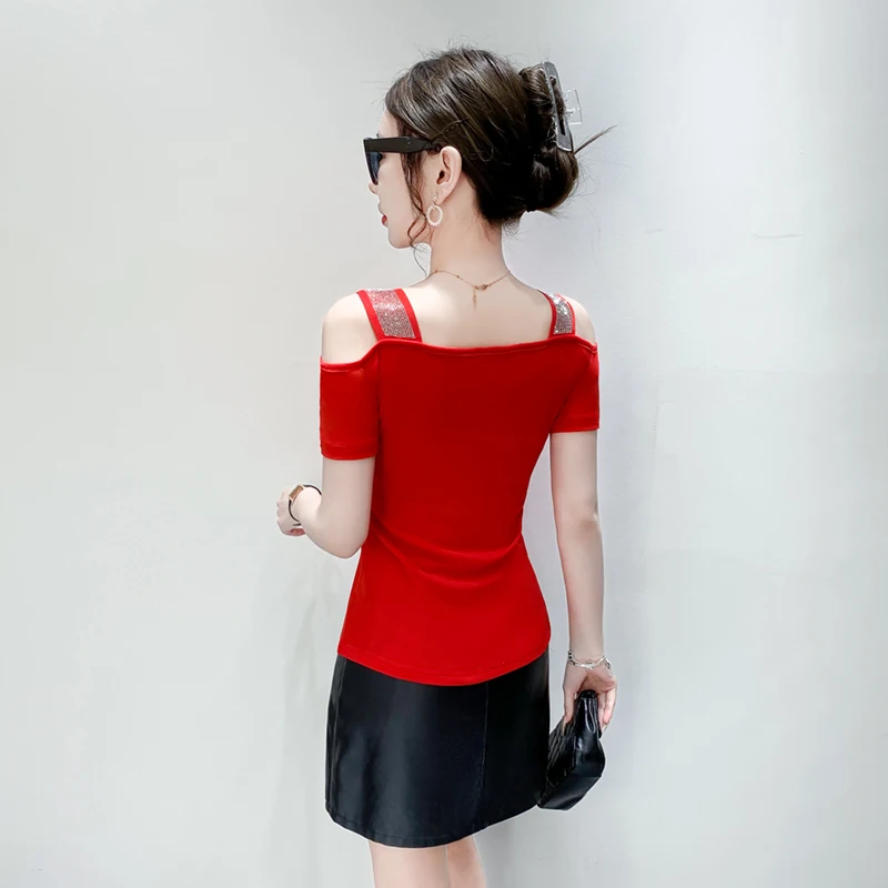 New European Clothes Female Summer T-Shirt Sexy Off Shoulder Fashion Flower Shiny Diamonds Women’s Mesh Tops Tees Blouse