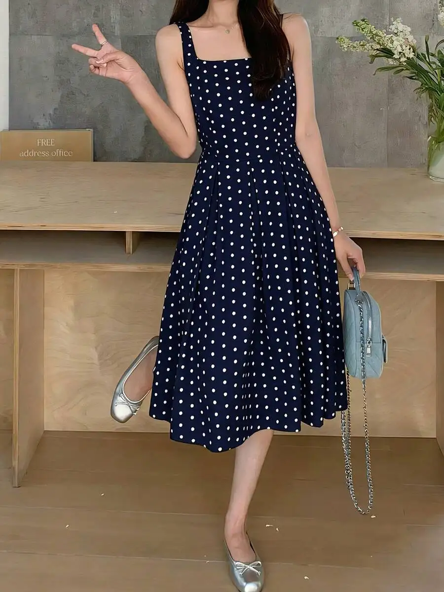 

Women Vintage Polka Dot Square Neck Midi Dress Waist Cinched Flared Skirt Elegant Summer Dress