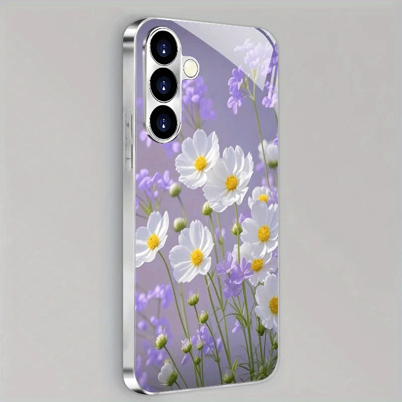 Beautiful Small Daisy Flower Pattern Electroplated Glass Phone Case, suitable for Samsung S26/S25/S24/S23/S22/S21/S20, etc.