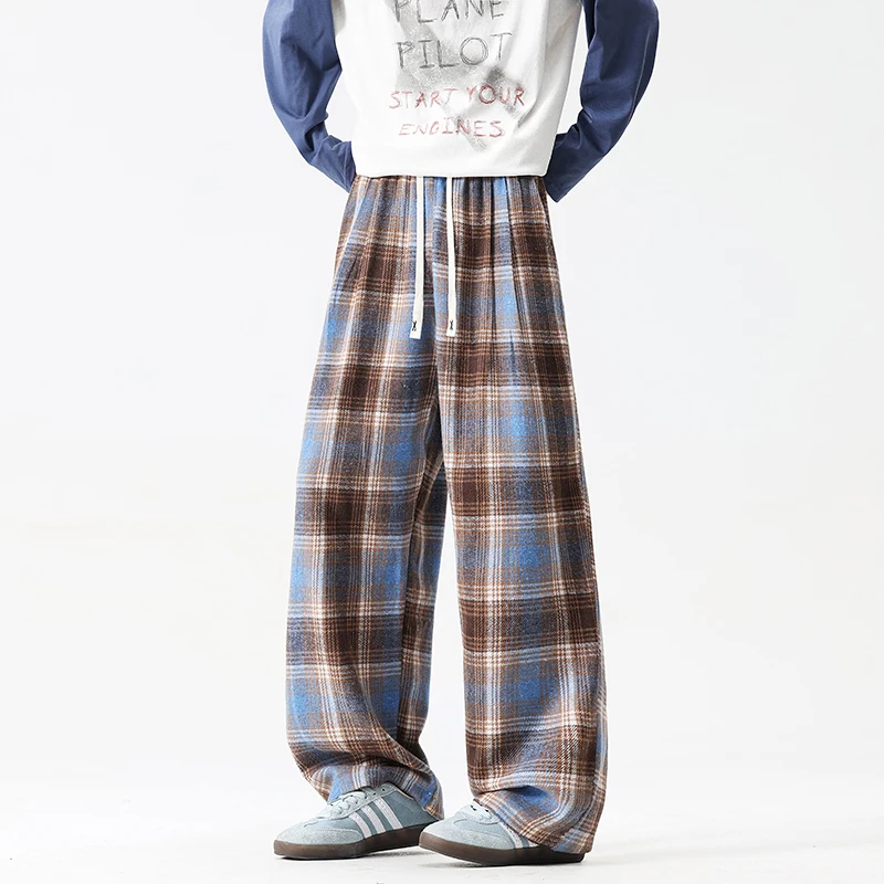 Осенние толстые повседневные брюки, мужские теплые модные брюки в клетку в стиле ретро, мужская уличная одежда, свободные широкие брюки, мужские винтажные брюки M-3XL