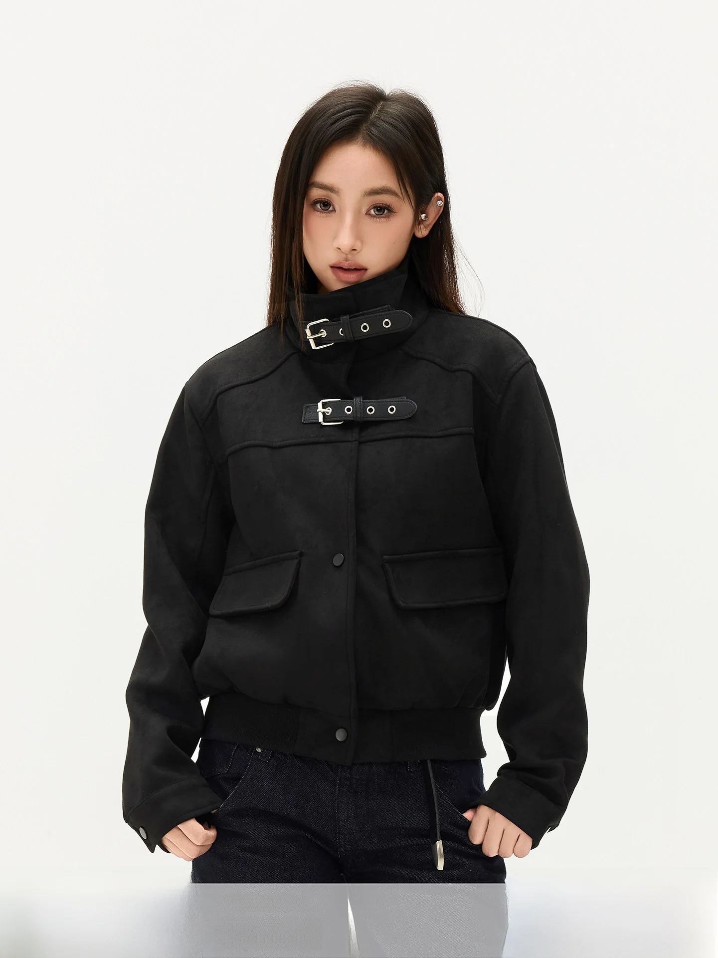 

Bla of Exit American High Street Jaet with Big kets Decorative Belt Design Cotton Youth Faion Outerwear Coat
