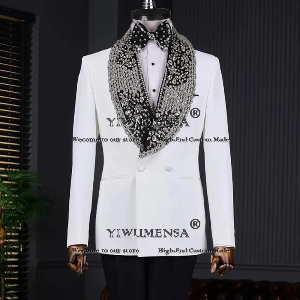 

Rhinestone Jewelry Suit Man For Wedding Double Breasted Prom Tuxedos Customized 2 Pieces Set Man Banquet Evening Pasrty Clothing