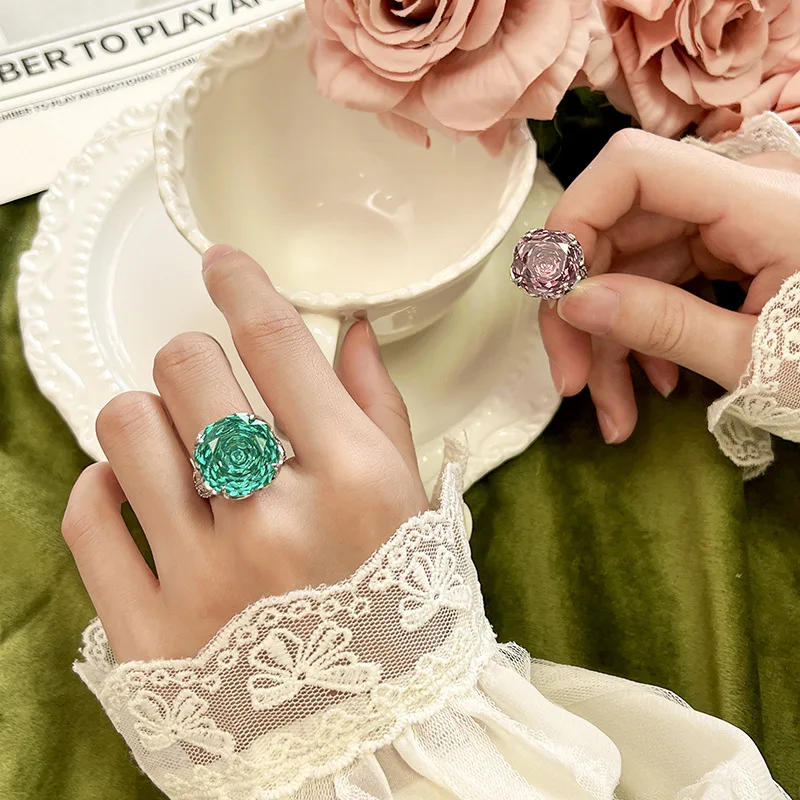 قابل للتعديل روز قطع الدائري متعدد الألوان الوردي الأرجواني مكعب زركونيا بيان خاتم خمر الأزهار تصميم الأزياء والمجوهرات للنساء #5