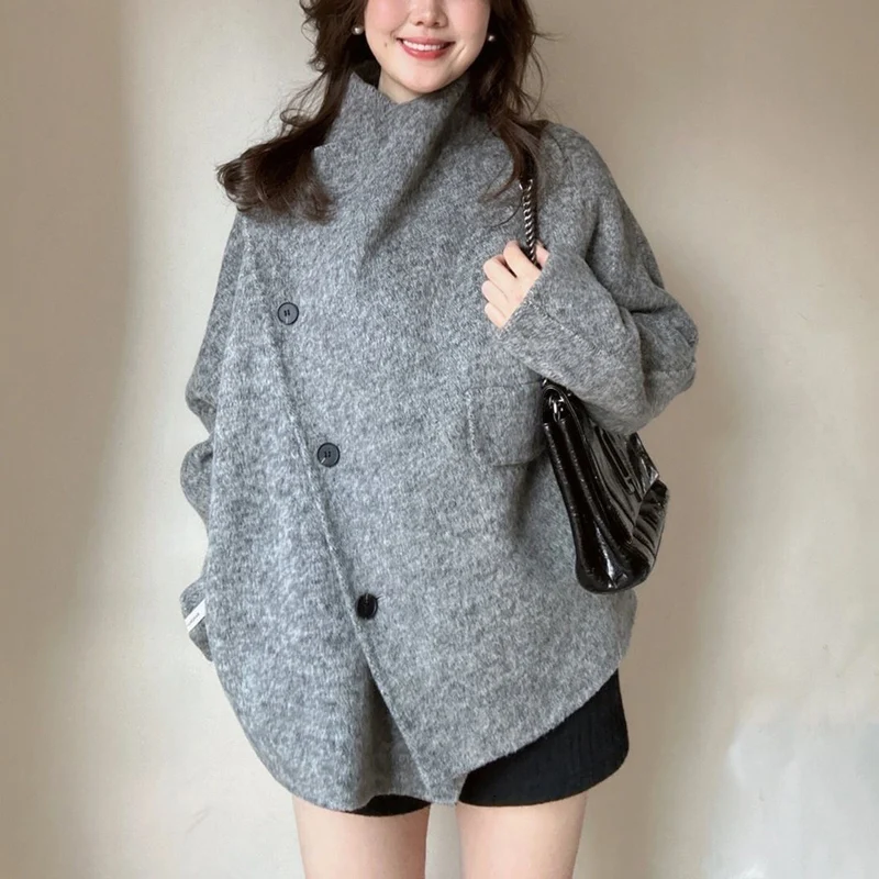 

Autumn Winter Lady Fashion Gray Woolen Blends Coats Girls Retro Mid-Long Jacket Women Korean Designer Loose Fit Clothes