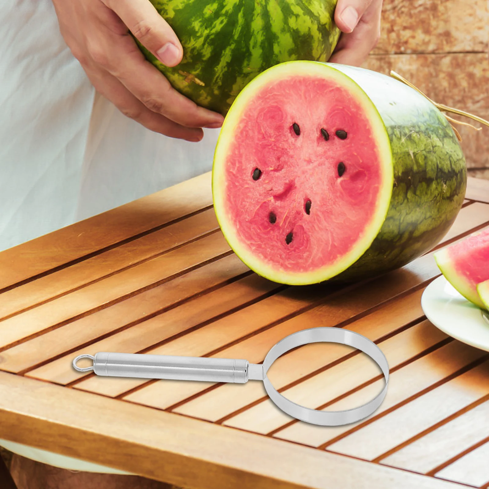 Sembradora de frutas de acero inoxidable, cuchara para sandía, utensilio de cocina, herramienta separadora de carne y fruta portátil para uso doméstico, anillo redondo antideslizante