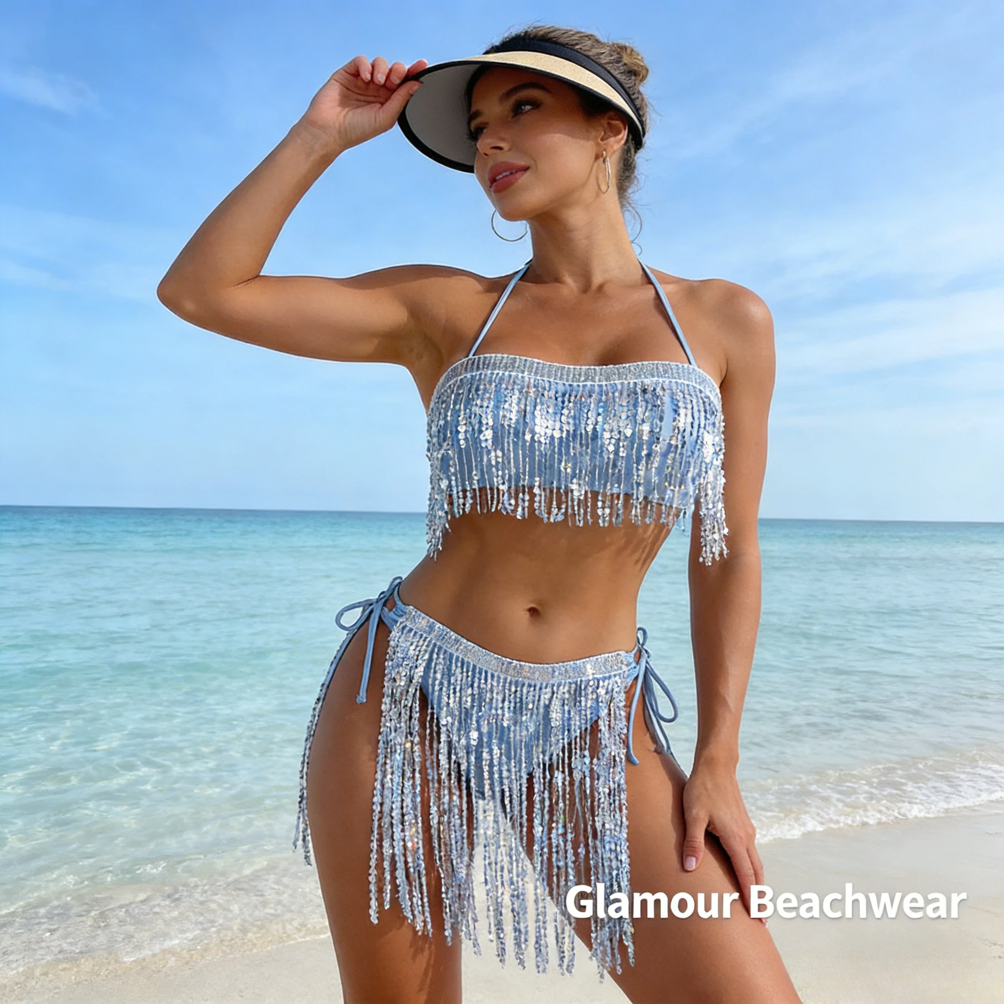 

Shiny Sequins Bandeau For Women European American Style Sleeveless Two Piece Beach Swimwear Summer Bathing Suit