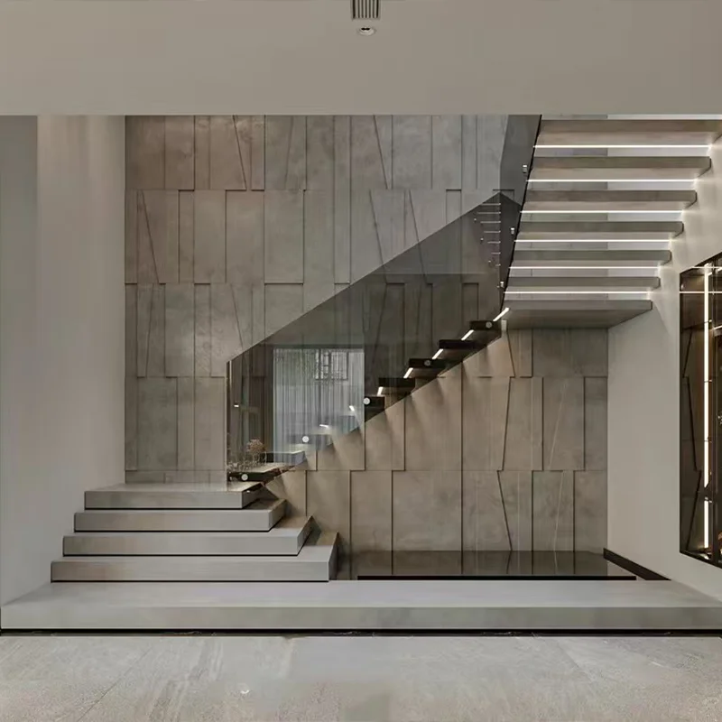 Custom Design Prefabricated Wooden Ladder Apartment Building Wooden Staircase Design Interior Wooden Tread Floating Staircase
