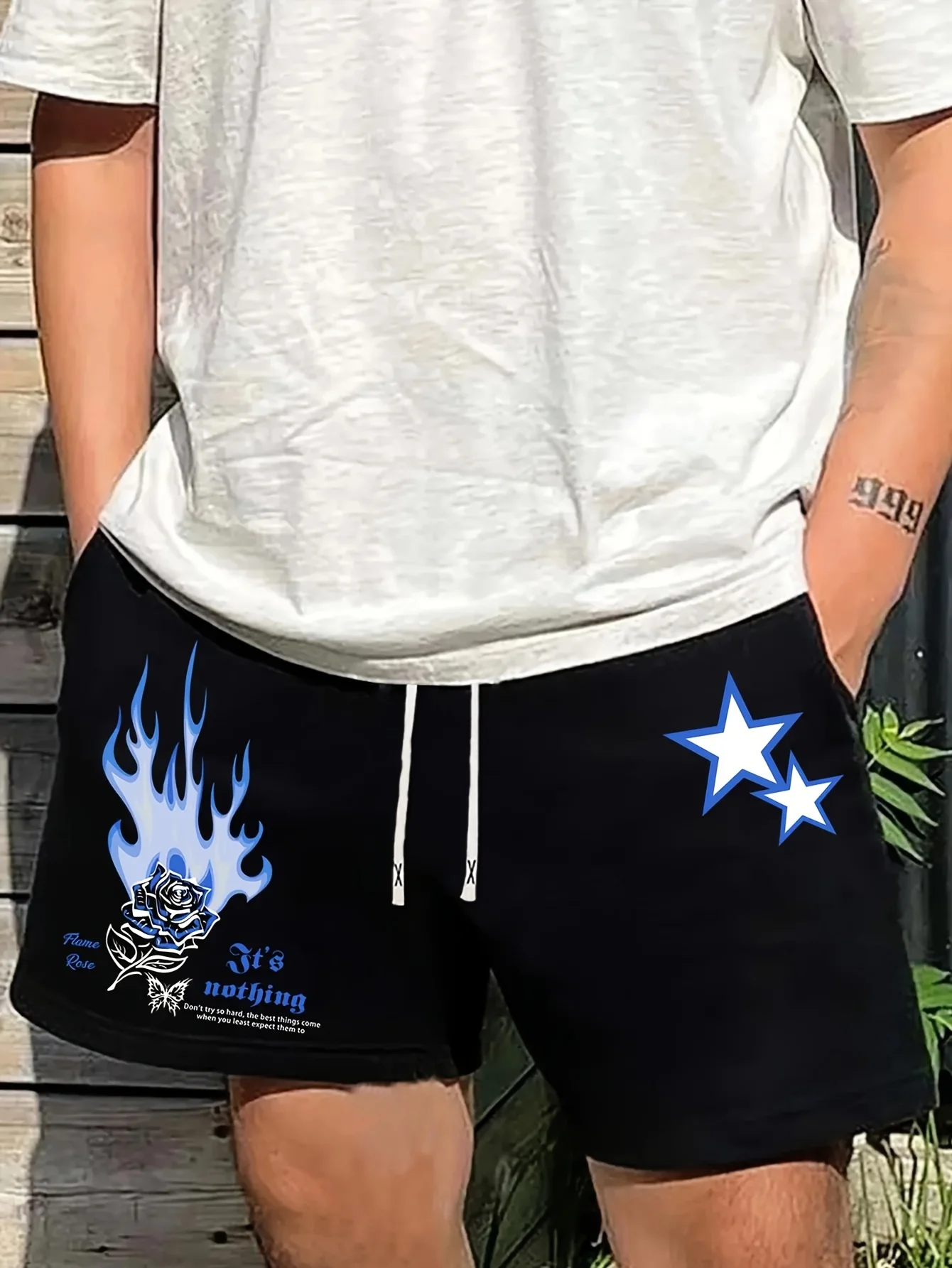 

Men's Casual Summer Shorts, with Graffiti Letter Prints, Flame and Star Designs, Are Fashionable and Suitable for Casual Wear