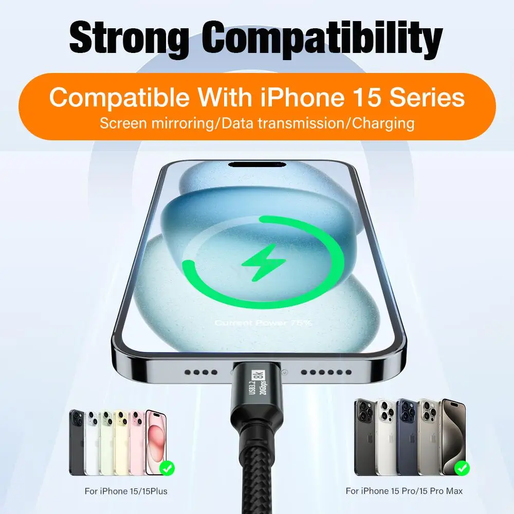 Type C to Type C PD100W Fast Charging Cable USB 3.2 20Gbps ThunderBolt 3 8K 3m Extend Data Cord For iPhone 15 Pro Max MacBook