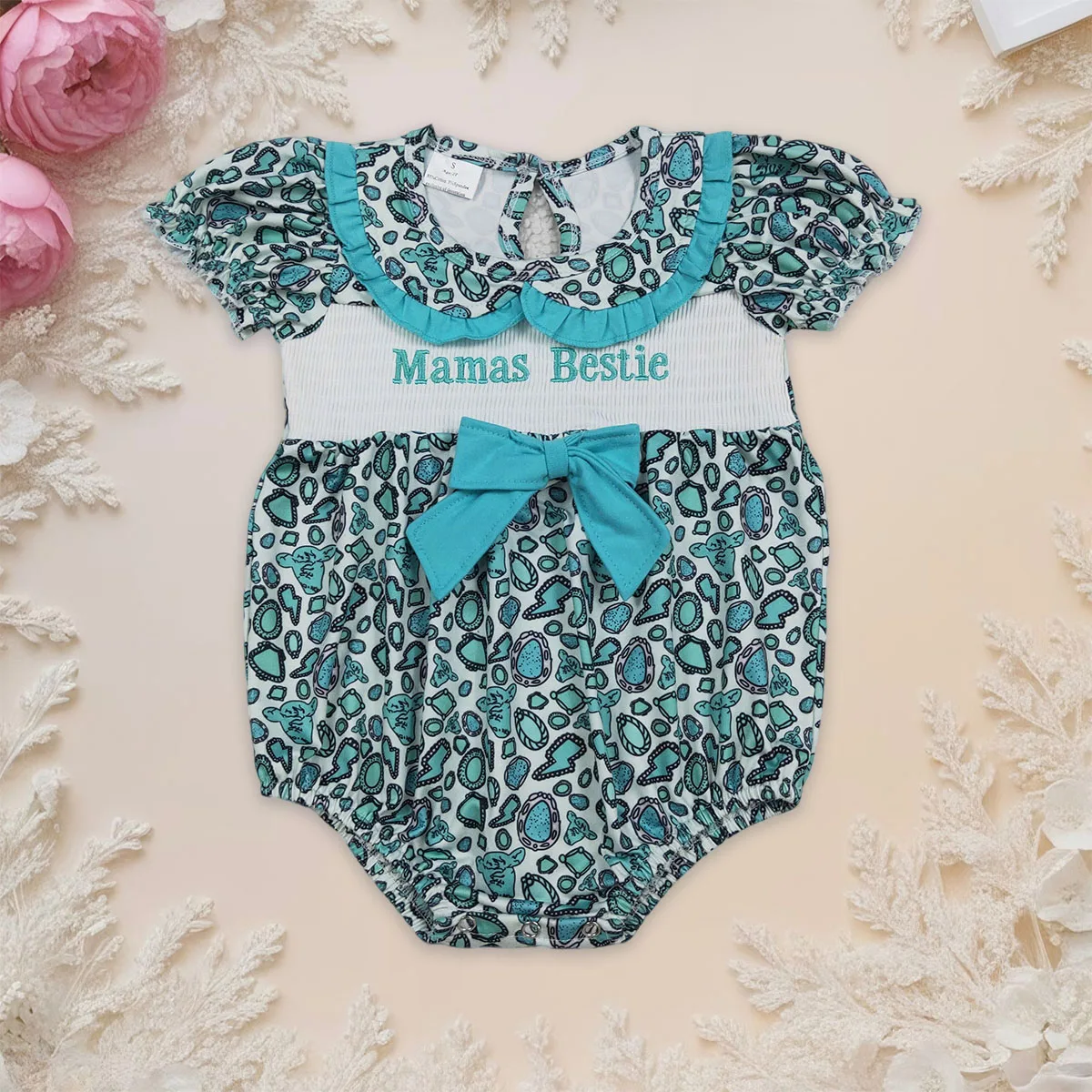 

Newborn Baby Girl Smocked Mama's Bestie Turquoises Collar Western Ruffle Rompers Kids Bubbles Kids Children Clothing Wholesale