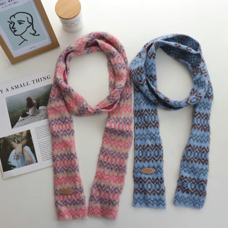 Korean Style Retro Easy Matching Knitted Striped Scarf for Women Autumn Winter Warm Fashionable HighGrade Temperament Long Scarf