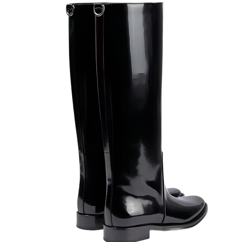Round Toe Back Metal Hook Square Heel Knee High Boots Woman Winter 2026 Patent Leather Rider Slip-On Boots Casual Style Shoes
